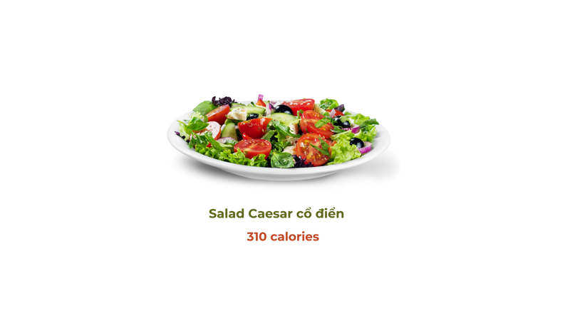 Salad Caesar tươi ngon, hấp dẫn với sốt kem đặc trưng và rau xanh giòn mát phục vụ trong bữa ăn dinh dưỡng